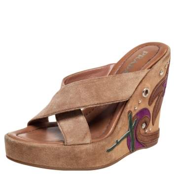 Pre Owned Prada Brown Suede Applique Wedge Platform Sandals Size 37