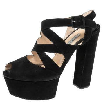 Pre Owned Prada Black Suede Platform Ankle Strap Sandals Size 39.5