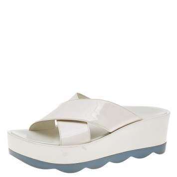 Prada White Patent Leather Crisscross Platform Slide Sandals Size 38