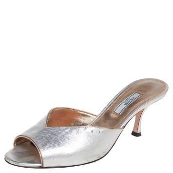 Pre Owned Prada Silver Leather Peep Toe Slide Sandals Size 39