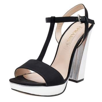 Pre Owned Prada Black/Silver Satin and Leather Ankle Strap Platform Sandals Size 39.5