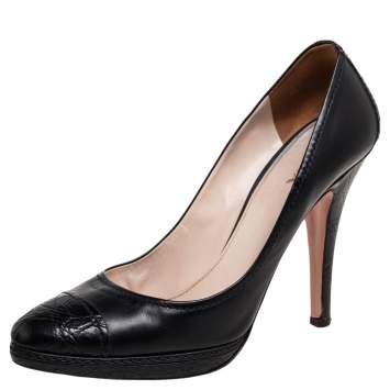 Pre Owned Prada Black Croc Embossed And Leather  Cap Toe  Pumps Size 40