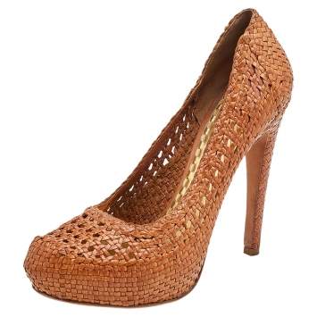 Pre Owned Prada Brown Woven Leather Madras Platform Pumps Size 41.5