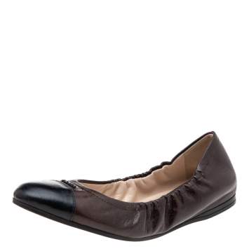 Pre Owned Prada Brown/Black Leather Scrunch Ballet Flats Size 36.5