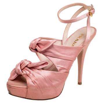 Pre Owned Prada Pink Satin Bow Detail Platform Ankle Strap Sandals Size 39