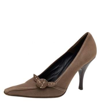 Pre Owned Prada Khaki Brown Stitch Leather Knot Pointed Toe Pumps Size 37.5