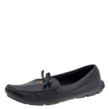Pre Owned Prada Black Leather Bow Logo Embellished Slip On Loafers Size 39