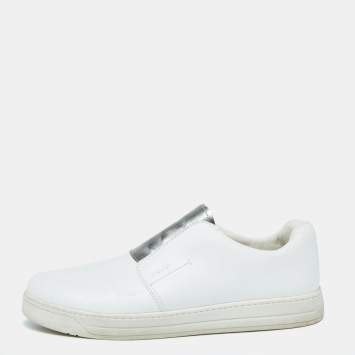 Pre Owned Prada White/Silver Leather Slip-On Sneakers Size 39