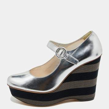 Pre Owned Prada Silver Leather Wedge Pumps Size 37.5