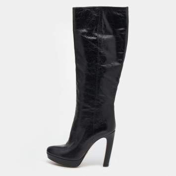 Pre Owned Prada Black Leather Platform Knee Length Boots Size 37.5