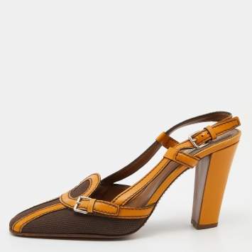 Pre Owned Prada Tan/Brown Canvas and Leather Slingback Sandals Size 38