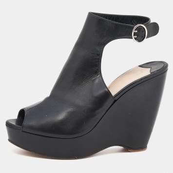 Pre Owned Prada Black Leather Peep Toe Wedge Platform Sandals Size 39