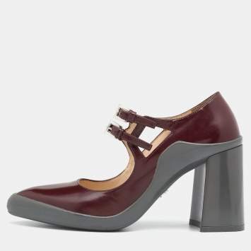 Pre Owned Prada Burgundy Leather Dual Strap Mary Jane Block Heel Pumps Size 37.5