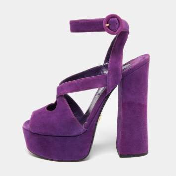 Pre Owned Prada Purple Suede Platform Ankle Strap Sandals Size 37 