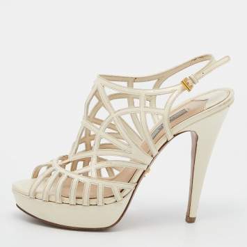Pre Owned Prada Off White Patent Leather Caged Platform Sandals Size 38
