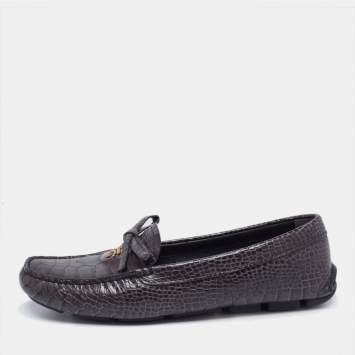 Pre Owned Prada Grey Croc Embossed Leather Bow Slip On Loafers Size 37