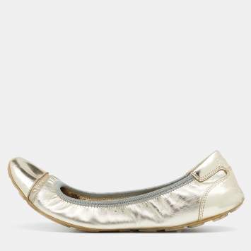 Pre Owned Prada Gold Leather Scrunch Ballet Flats Size 38