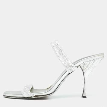 Pre Owned Prada Silver Leather Slide Sandals Size 37.5