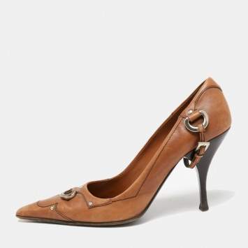 Pre Owned Prada Brown Leather Pointed Toe Pumps Size 37