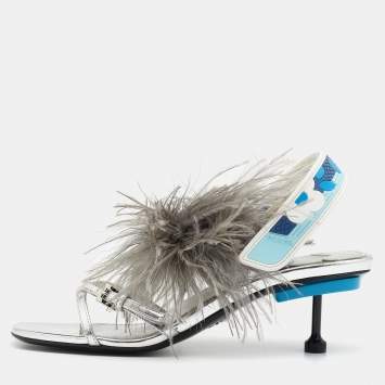 Pre Owned Prada Metallic Silver Leather and Ostrich Feather Slingback Sandals Size 37