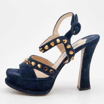 Pre Owned Prada Dark Blue Suede Studded Ankle Strap Platform Sandals Size 36.5
