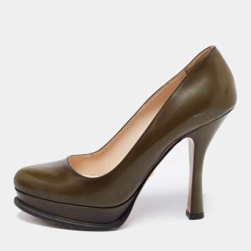 Pre Owned Prada Olive Green Leather Platform Pumps Size 39