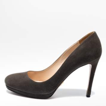 Pre Owned Prada Olive Green Suede Open Toe Platform Pumps Size 38.5