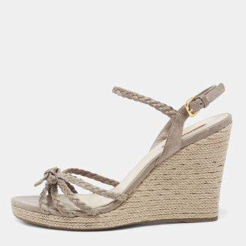 Pre Owned Prada Grey Leather Braided Basket Weave Wedge Sandals Size 40