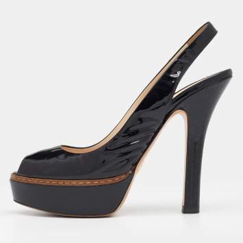 Pre Owned Prada Black Patent Leather Peep Toe Slingback Platform Sandals Size 37.5