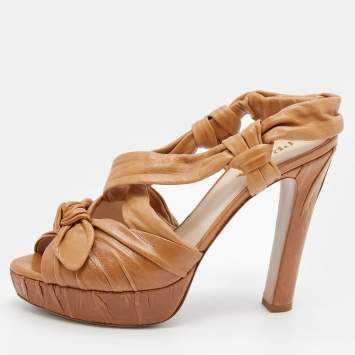 Pre Owned Prada Tan Leather Bow Detail Slingback Platform Sandals Size 38