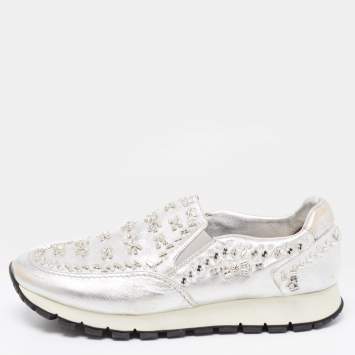 Pre Owned Prada Silver Leather Embellished Slip On Sneakers Size 41