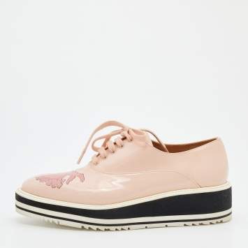 Pre Owned Prada Pink Leather Flower Print Platform Lace Up Oxford Size 38.5