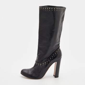 مملوكة مسبقًا Prada Black Leather Studded Mid-Calf Length Boots Size 38.5