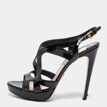 Pre Owned Prada Black Patent Leather Platform Strappy Sandals Size 39