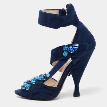 Pre Owned Prada Blue Suede Crystal Embellished Ankle Strap Sandals Size 38
