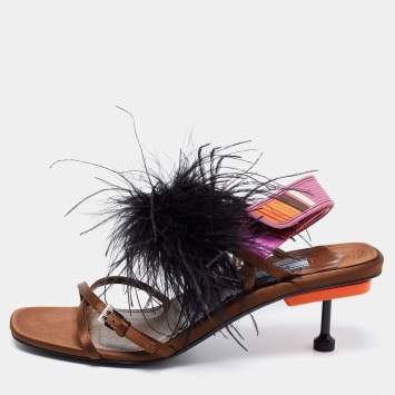 Pre Owned Prada Multicolor Satin and Feather Trim Slingback Sandals Size 39