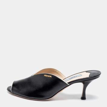 Pre Owned Prada Black Saffiano Patent Leather Peep Toe Mules Size 38.5