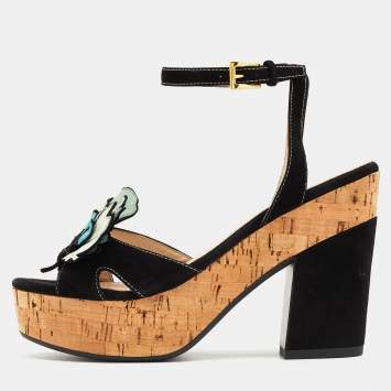 Pre Owned Prada Multicolor Suede Flower Applique Ankle Strap Platform Sandals Size 37.5