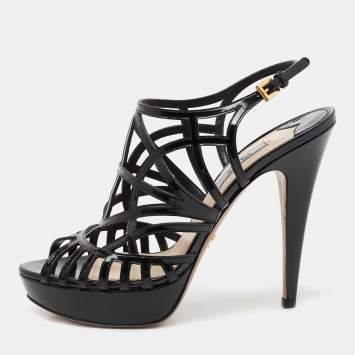 Pre Owned Prada Black Patent Leather Caged Platform Sandals Size 38.5