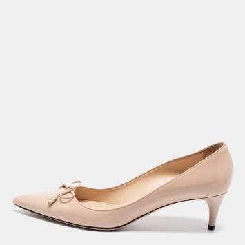 Pre Owned Prada Beige Patent Leather Bow Pointed-Toe Pumps Size 37.5
