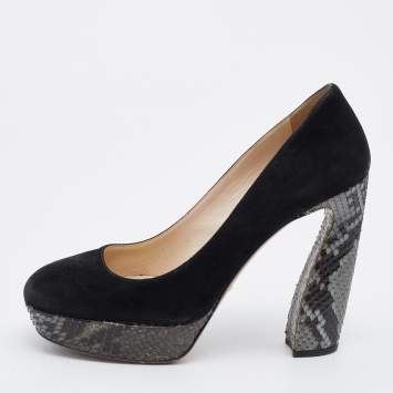 Pre Owned Prada Black/Grey Suede and Python Block Heel Platform Pumps Size 38