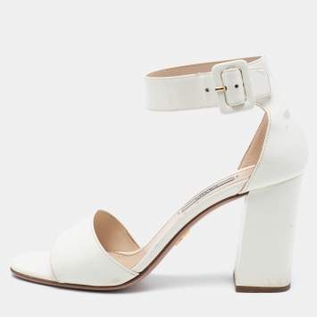 Pre Owned Prada Off-White Patent Leather Ankle-Strap Sandals Size 38