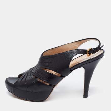 Pre Owned Prada Black Leather Strappy Open Toe Slingback Platform Sandals Size 37.5