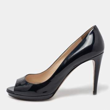 Pre Owned Prada Midnight Blue Patent Leather Peep-Toe Platform Pumps Size 38.5