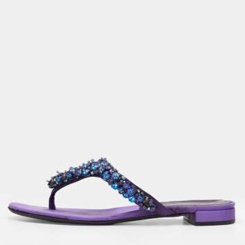 Pre Owned Prada Purple Satin Crystal Embellished Thong Flats Size 40.5