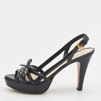 Pre Owned Prada Black Patent Leather Bow Platform Sandals Size 39