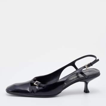 Pre Owned Prada Black Leather Square Toe Slingback Sandals Size 37.5