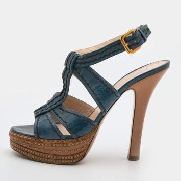 Pre Owned Prada Blue Leather Platform Strappy Sandals Size 39