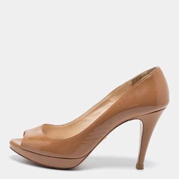 Pre Owned Prada Beige Patent Leather Peep Toe Pumps Size 37.5