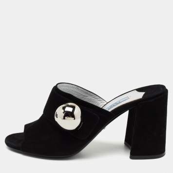 Pre Owned Prada Black Suede  Block Heel Mule Sandals Size 37.5